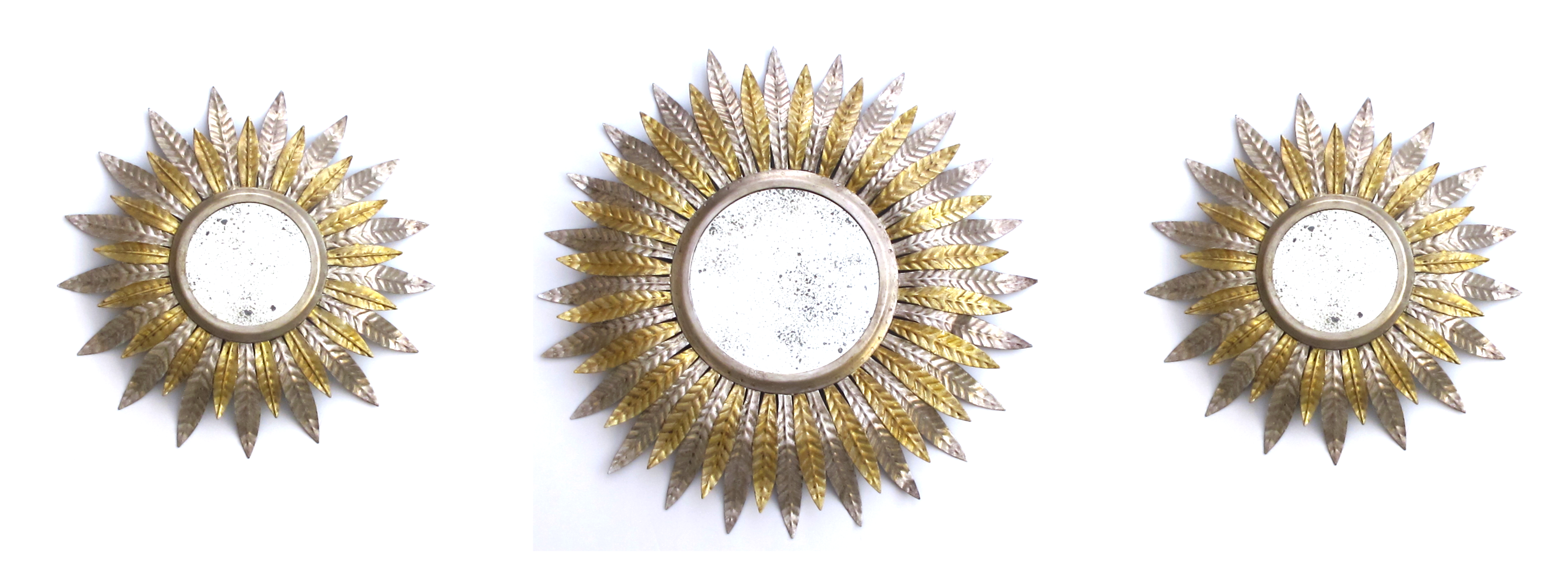 Sunburst Mirrors Epoca Fanciful Set Of 3 French Art Deco Silver And Gold Gilt Tole Sunburst Mirrors