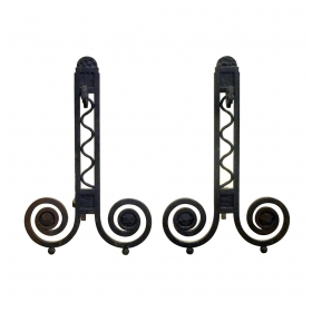 a dramatic and large-scaled pair of french art deco hand-wrought iron andirons