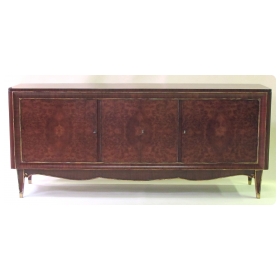  chic and superb quality french moderne 1940's amboyna and mahogany 4-door sideboard/buffet/credenza in the manner of Jules Leleu