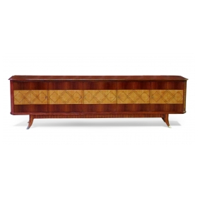  exceptionally long and superb quality italian mid-century 5-door walnut and sycamore incurved sideboard in the manner of Paolo Buffa