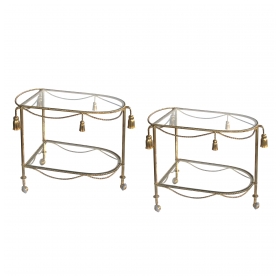 a chic pair of italian mid-century hollywood regency gilt tole drinks/bar carts with glass shelves