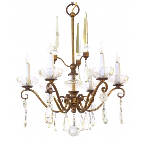 an elegant french 1940's gilt metal 6-light chandelier with crystal pendants