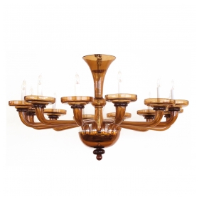 epoca, San Francisco mid-century: a large and richly-colored murano 12-light amber glass chandelier
