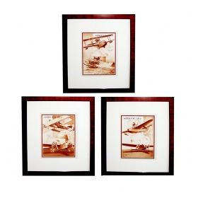 an unusual set of 3 french 1930's sepia tone lithographs of airplanes