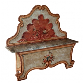 a fanciful venetian baroque style polychromed pine highback blanket bench