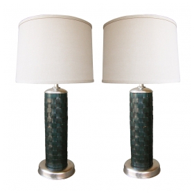 a stylish pair of american 1940's cylindrical-form leather-clad lamps