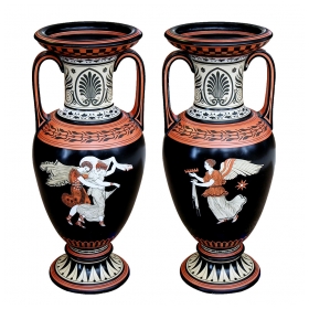 a rare pair of english double-handled polychromed porcelain urns with classical figures; marked 's.a.& co. (smith ambrose and co, burslem, england)