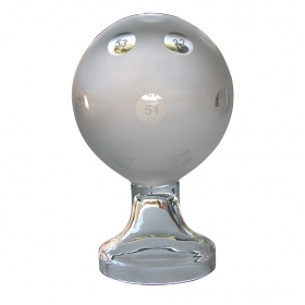 a curiously charming american mid-century frosted glass orb used as a bingo advertisement