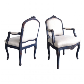 pair of french rococo blue-gray painted armchairs with rocaille carving