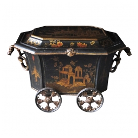 a rare and unusual english ebonized painted metal octagonal covered coal bin with chinoiserie decoration; by the coalbrookdale foundry, telford, england
