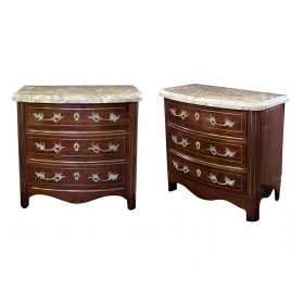 a handsome of danish empire style mahogany 3-drawer marble-topped bow-front chests with brass inlay and bronze mounts