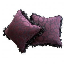 a sumptuous pair of aubergine cut velvet pillows with silk ribbon fringe