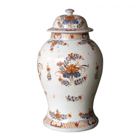 a boldly-scaled continental polychromed faience baluster-form covered ginger jar