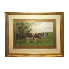 a serene dutch landscape watercolor painting of three cows grazing in a field; by  Adrianus Groenewegen 1874-1963 (Netherlands)