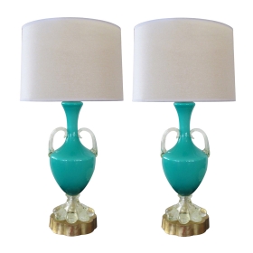 richly-colored italian mid-century teal cased-glass double-handled urn-form lamp