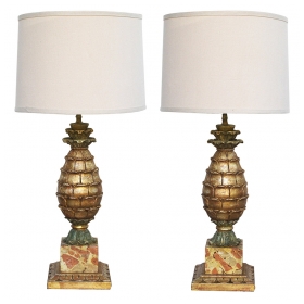 a well-executed pair of french painted and parcel-gilt carved wood pineapple-form lamps