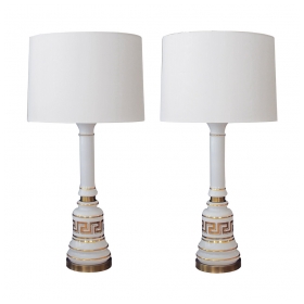 a stylish pair of american 1960's baluster-form white opaline glass lamps with gilt greek key design