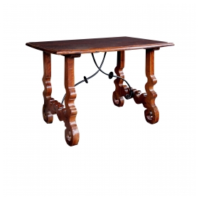 a rustic and well-patinated spanish baroque style walnut trestle Tables with iron stretcher