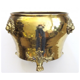 a rare and large-scaled imperial russian hand-hammered brass jardiniere with lion head mounts; imperial russia stamp, city of Tula (in Cyrillic)