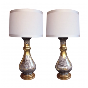 a chic and good quality pair of Italian 1960's fornasetti style verre églomisé lamps