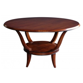 a stylish french mid-century mahogany circular center/cocktail table with ebonized highlights