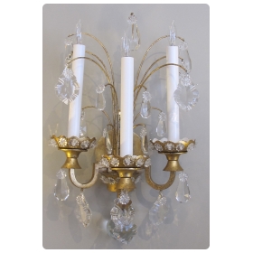 an elegant pair of french 1940's gilt-tole and crystal 3-arm wall sconces by maison jansen 