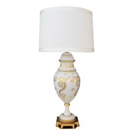 an elegant and good quality american 1950's blanc de chine porcelain lamp with gilt decoration; labeled 'Marbro Lamp Co., Los Angeles'