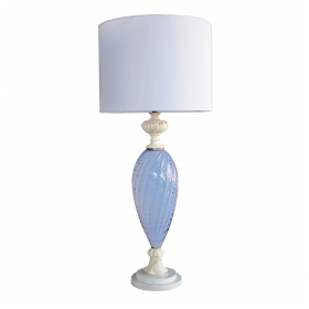 a tall and striking italian mid-century periwinkle art glass lamp with carerra marble mounts; made for Marbro Lighting, Los Angeles