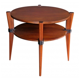 a chic french 1940's ribbon-mahogany circular side table with ebonized highlights