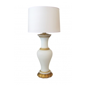 a large-scaled and shapely american 1960's white frosted glass baluster-form lamp with gilt highlights; by Marbro Lamp Co, Los Angeles