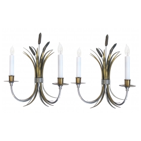 a stylish pair of french mid-century nickel, brass and bronze sconces of tied cattails; by maison charles, paris (stamped 'charles')