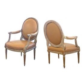 An Elegant Pair of French Louis XVI Style Grey/Green Painted and Parcel-gilt Arm Chairs/Fauteuils