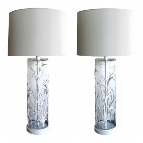 a unique american 1960's pair of cylindrical glass lamps with applied bamboo decoration