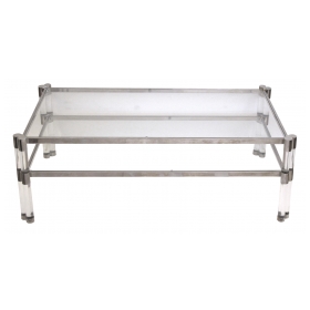 stylish french 1970's Pierre Vandel glass and lucjite coffee table with nickel plated frame