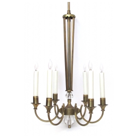  quality french mid-century brass 6-arm chandelier fitted with glass orbs