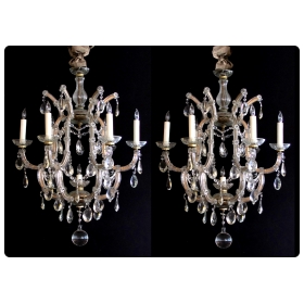 a good pair of continental Maria Theresa basket-form glass and crystal 6-light chandeliers; possibly viennese