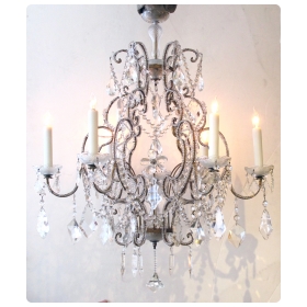  lustrous and graceful italian rococo style cage-form beaded 6-light chandelier with crystal pendants, flowers and swags