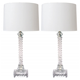 a shimmering and good quality pair of american lamps of solid spiraling clear glass