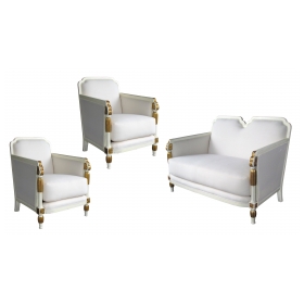  stylish french art deco ivory painted and parcel-gilt suite consisting of 2 chairs and a settee 