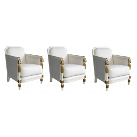 stylish french art deco set of 3 ivory painted and parcel-gilt club chairs