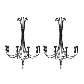  lyrical and large-scaled american 1960's black painted wrought iron 6-arm wall sconces with gilt highlights