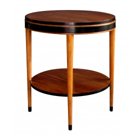 sleek and stylish american mid-century modern ash circular side table with ebonized highlights