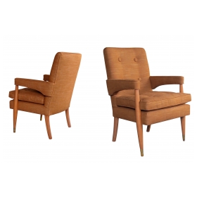 a handsome and stylish pair of american mid-century high-back upholstered arm chairs