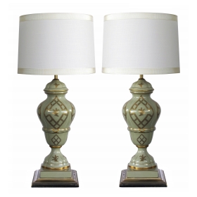 good quality and elegant pair of Marbro Lamp Co. 1960's baluster-form celadon-glazed lamps with gilt decoration