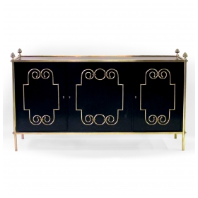 epoca american mid-century custom-made black lacquer 3-door sideboard/buffet with applied brass scrollwork and bronze mounts; by Daniel Jones, Inc., New York