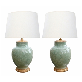 Pair of Vintage Chinese Carved Celadon Glazed Ovoid-form Lamps