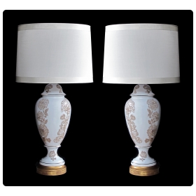 an elegant pair of american frederick cooper 1960's white-glazed baluster-form lamps with raised floral decoration