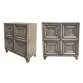  handsome pair of american mid-century solid gray-cerused oak dressing cabinets with coffered bi-fold doors