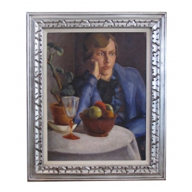 oil on board; a finely rendered continental art deco painting of a seated woman