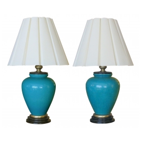 a striking and large pair of american 1960's turquoise crackle-glaze ceramic lamps by frederick cooper